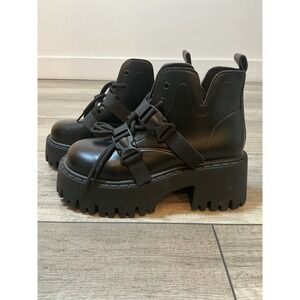 Black Platform Combat Boots with Buckle Straps